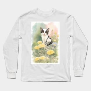 Black-white Cat in the Flower Garden Soft Pastel Colors Long Sleeve T-Shirt